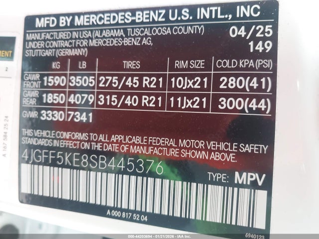 2025 Mercedes-benz Gls 450 4matic მანქანა იყიდება აუქციონზე, vin: 4JGFF5KE8SB445376, აუქციონის ნომერი: 44203694