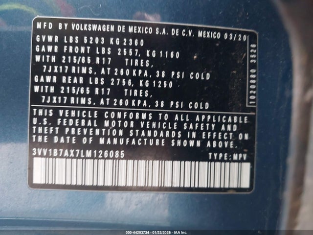 44203734 :رقم المزاد ، 3VV1B7AX7LM126085 vin ، 2020 Volkswagen Tiguan 2.0t S مزاد بيع