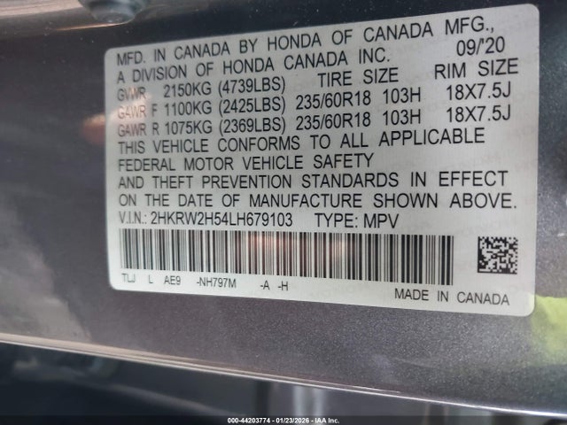 2020 Honda Cr-v Awd Ex მანქანა იყიდება აუქციონზე, vin: 2HKRW2H54LH679103, აუქციონის ნომერი: 44203774