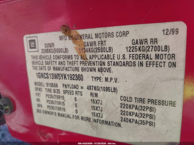 2000 CHEVROLET BLAZER 1GNCS13W5YK192360 Photo 8