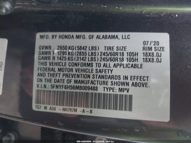 5FNYF6H56MB009488 Honda Pilot Awd Ex-l
