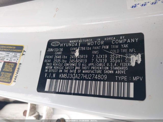 KM8J3CA27HU274809 Hyundai Tucson Limited
