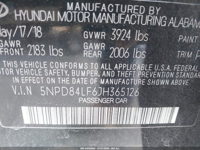 Продаж на аукціоні авто 2018 Hyundai Elantra Sel, vin: 5NPD84LF6JH365126, номер лоту: 44204044