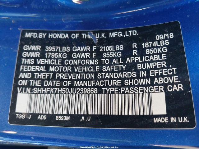 SHHFK7H50JU239868 Honda CIVIC EX
