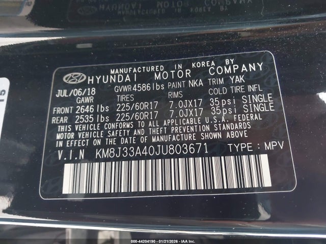 KM8J33A40JU803671 Hyundai Tucson Sel Plus