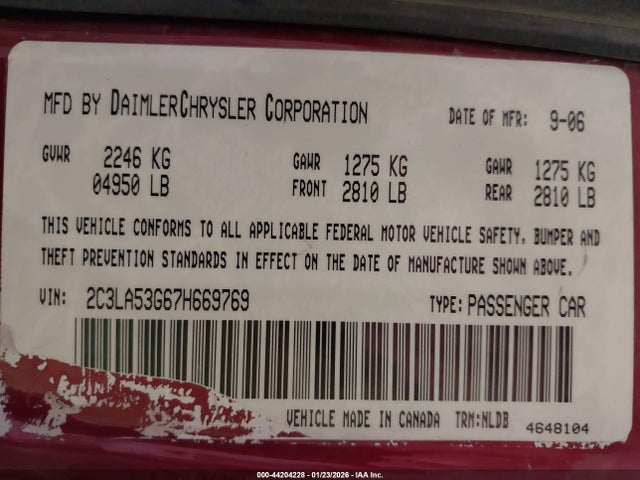 2007 Chrysler 300 Touring მანქანა იყიდება აუქციონზე, vin: 2C3LA53G67H669769, აუქციონის ნომერი: 44204228