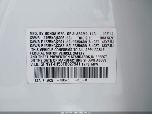 Honda Pilot Ex-l 2015 5FNYF4H53FB027941 Image 9
