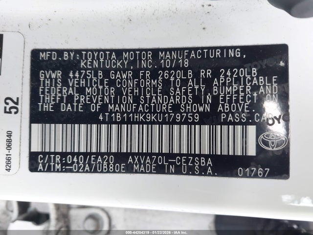 4T1B11HK9KU179759 Toyota Camry L/le/xle/se/xse