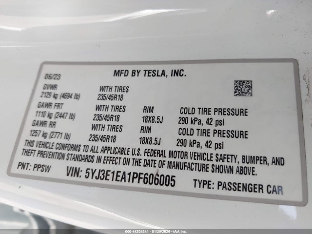 Aukcja sprzedaży 2023 Tesla Model 3 Rear-wheel Drive, vin: 5YJ3E1EA1PF606005, numer aukcji: 44204341