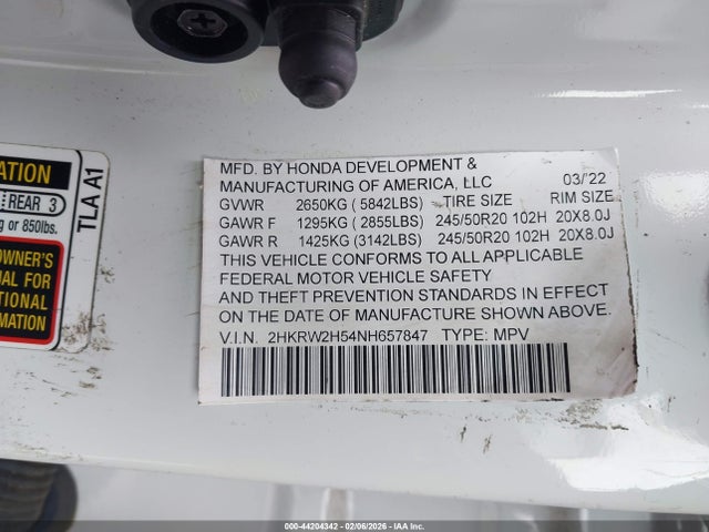 Продажа на аукционе авто 2022 Honda Cr-v Awd Ex-l, vin: NJ4018E, номер лота: 44204342