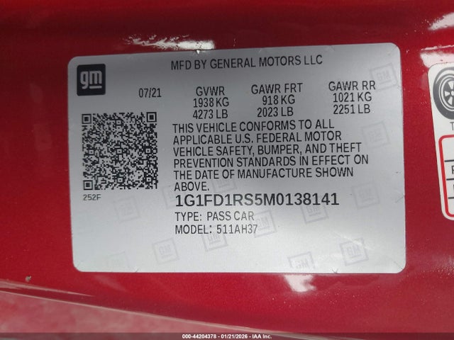 1G1FD1RS5M0138141 Chevrolet Camaro Rwd 2lt