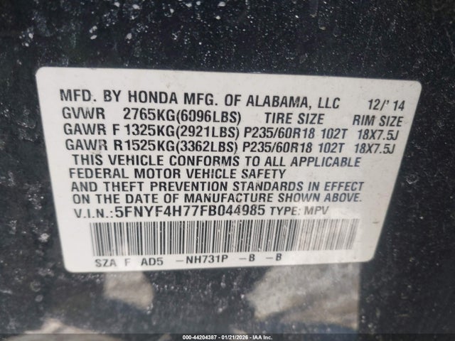 Honda Pilot Ex-l 2015 5FNYF4H77FB044985 Image 9
