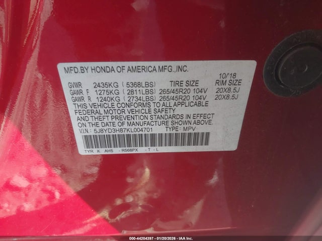 Aukcja sprzedaży 2019 Acura Mdx Advance Pkg, vin: 5J8YD3H87KL004701, numer aukcji: 44204397