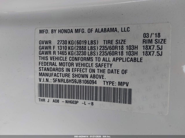 5FNRL6H59JB106094 Honda ODYSSEY EX