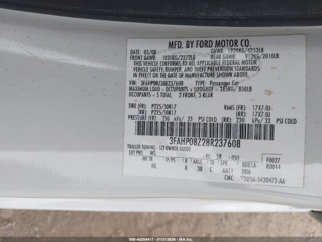 2008 FORD FUSION 3FAHP08Z28R237608 Photo 8