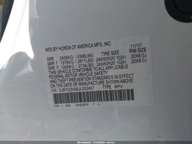 5J8YD3H56JL002457 Acura Mdx Technology Package Acurawatch Plus Pkg