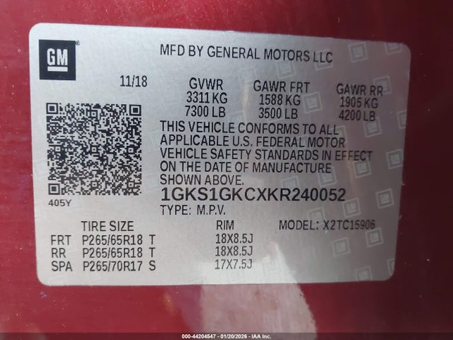 Aukcja sprzedaży 2019 Gmc Yukon Xl Slt, vin: 1GKS1GKCXKR240052, numer aukcji: 44204547