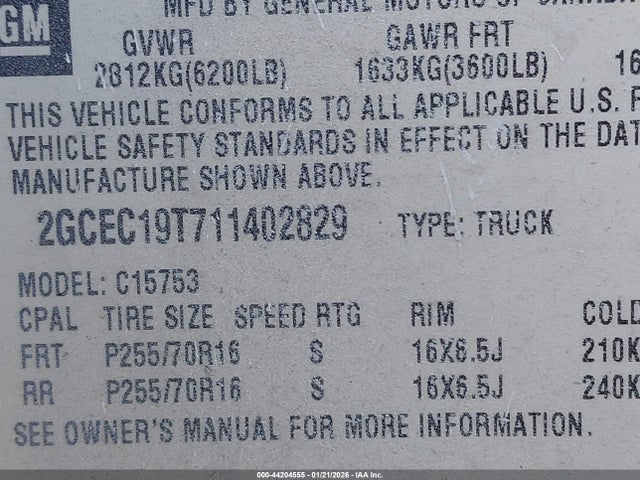 Aukcja sprzedaży 2001 Chevrolet Silverado 1500, vin: 2GCEC19T711402829, numer aukcji: 44204555