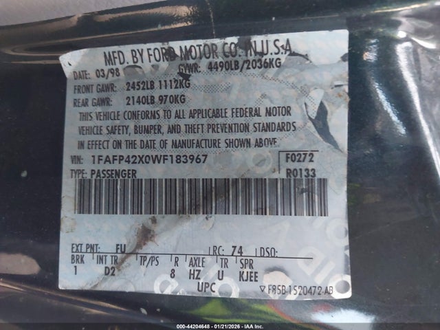 44204648 :رقم المزاد ، 1FAFP42X0WF183967 vin ، 1998 Ford Mustang Gt مزاد بيع