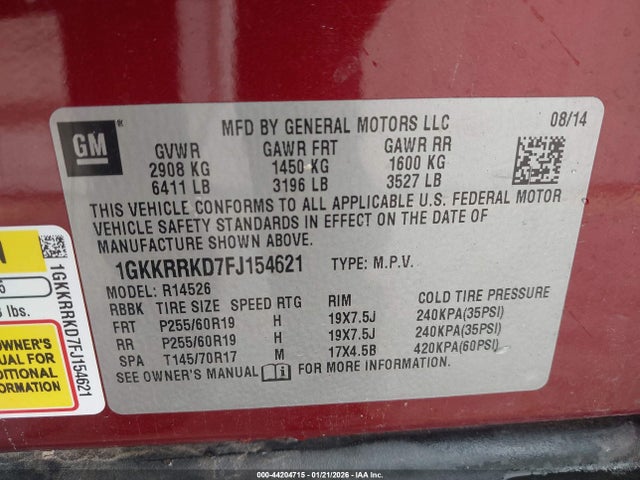 1GKKRRKD7FJ154621 GMC Acadia Slt-1