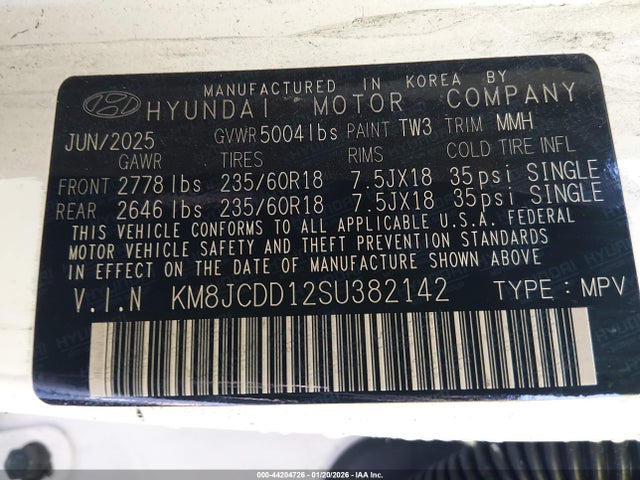 44204726 :رقم المزاد ، KM8JCDD12SU382142 vin ، 2025 Hyundai Tucson Hybrid Sel Convenience مزاد بيع