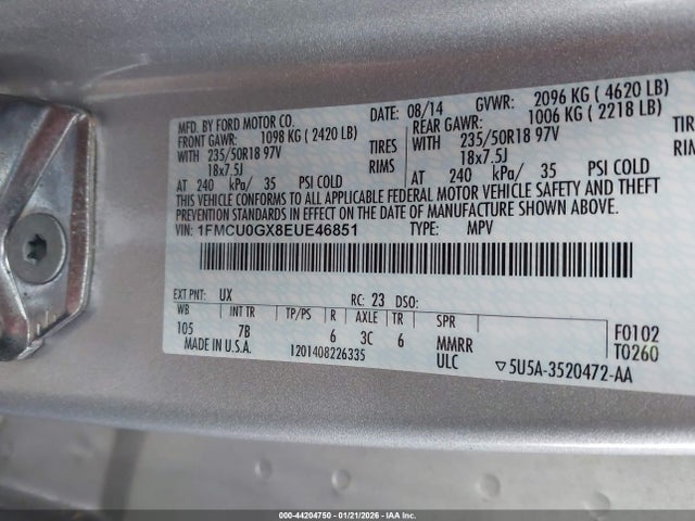 44204750 :رقم المزاد ، 1FMCU0GX8EUE46851 vin ، 2014 Ford Escape Se مزاد بيع