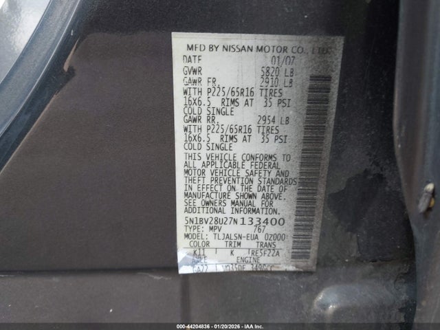 2007 NISSAN QUEST 5N1BV28U27N133400 Photo 8