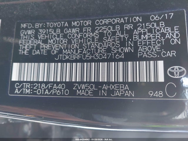 JTDKBRFU5H3047164 Toyota Prius Two