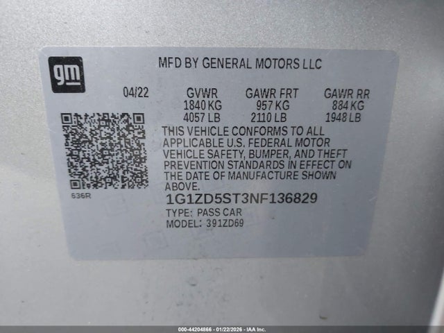 1G1ZD5ST3NF136829 Chevrolet Malibu Fwd Lt