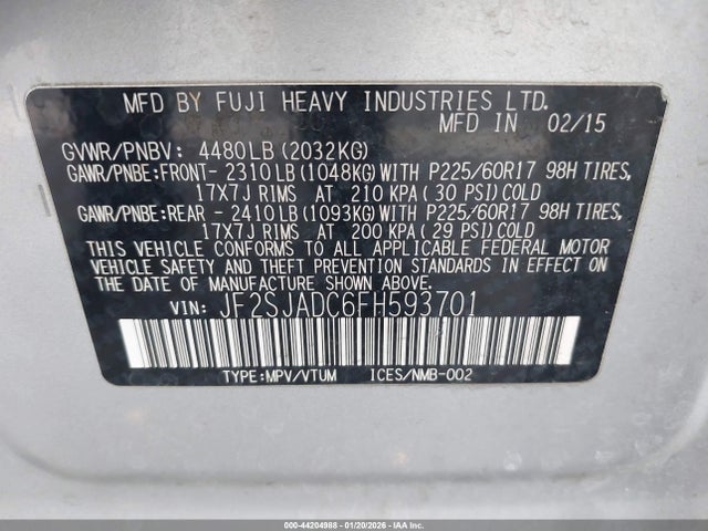 2015 Subaru Forester 2.5i Premium მანქანა იყიდება აუქციონზე, vin: JF2SJADC6FH593701, აუქციონის ნომერი: 44204988