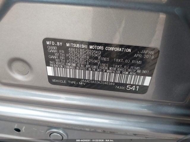 44205251 :رقم المزاد ، JA4AD3A32KZ046389 vin ، 2019 Mitsubishi Outlander Se مزاد بيع