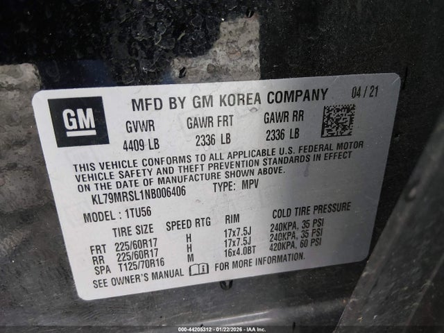 KL79MRSL1NB006406 Chevrolet Trailblazer Awd Lt