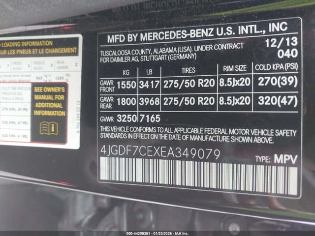 44205351 :رقم المزاد ، 4JGDF7CEXEA349079 vin ، 2014 Mercedes-benz Gl 450 4matic مزاد بيع
