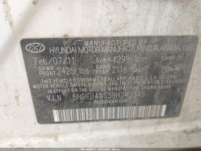 44205372 :رقم المزاد ، 5NPEB4AC3BH242349 vin ، 2011 Hyundai Sonata Gls مزاد بيع