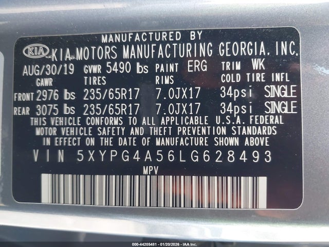 5XYPG4A56LG628493 KIA Sorento 3.3l Lx