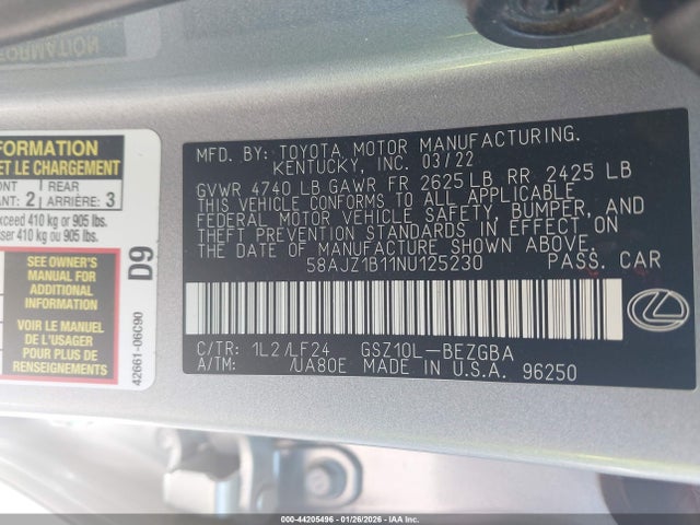 58AJZ1B11NU125230 Lexus Es 350 F Sport