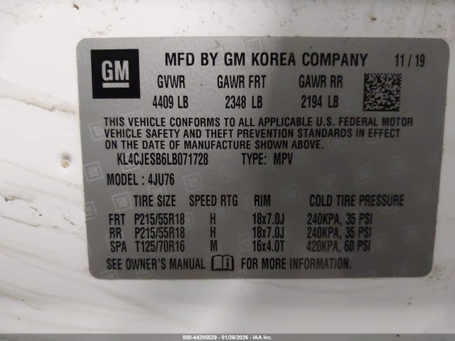 2020 Buick Encore Awd Preferred მანქანა იყიდება აუქციონზე, vin: KL4CJESB6LB071728, აუქციონის ნომერი: 44205529
