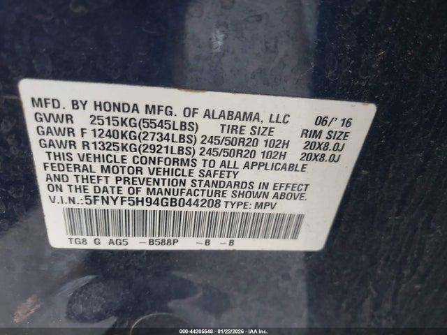 Honda Pilot Touring 2016 5FNYF5H94GB044208 Image 9