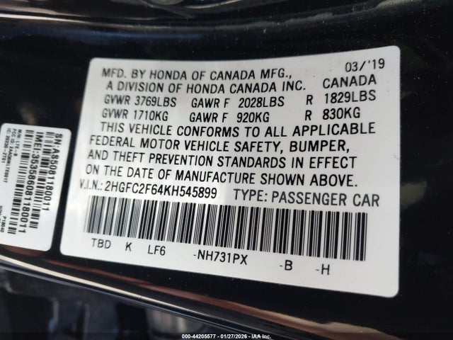 2019 HONDA CIVIC 2HGFC2F64KH545899 Photo 8