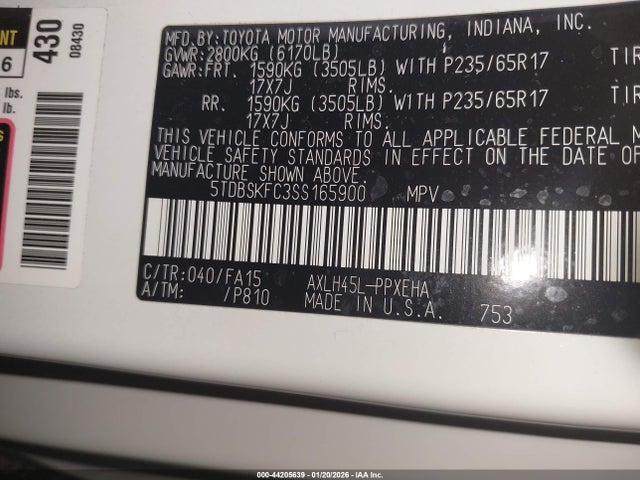 44205639 :رقم المزاد ، 5TDBSKFC3SS165900 vin ، 2025 Toyota Sienna Le مزاد بيع