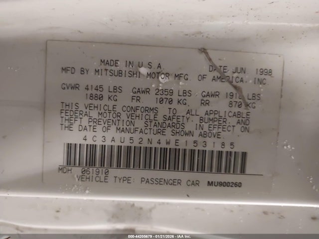 Продаж на аукціоні авто 1998 Chrysler Sebring Lxi, vin: 4C3AU52N4WE153185, номер лоту: 44205679