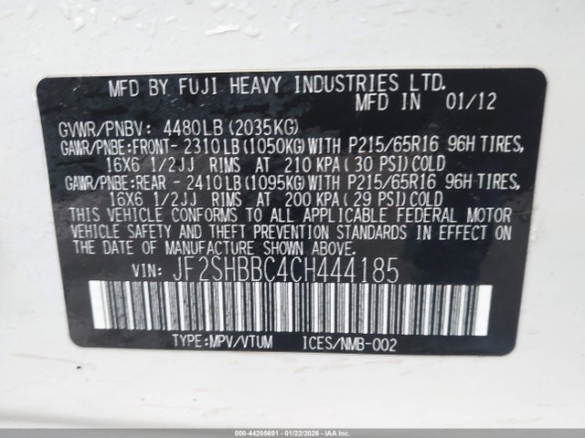 Aukcja sprzedaży 2012 Subaru Forester 2.5x, vin: JF2SHBBC4CH444185, numer aukcji: 44205691