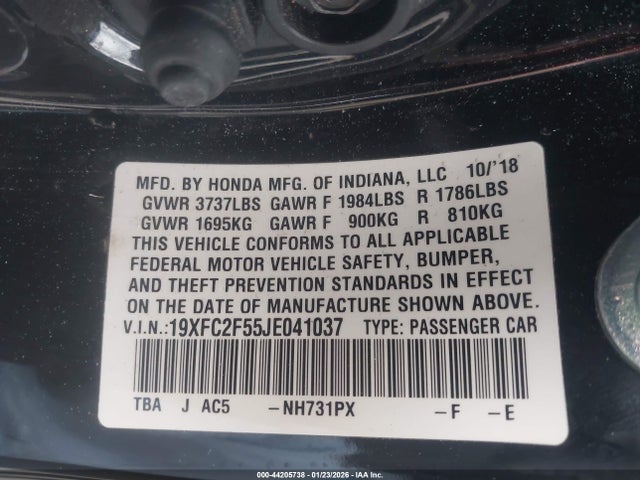 2018 Honda Civic Lx მანქანა იყიდება აუქციონზე, vin: 19XFC2F55JE041037, აუქციონის ნომერი: 44205738