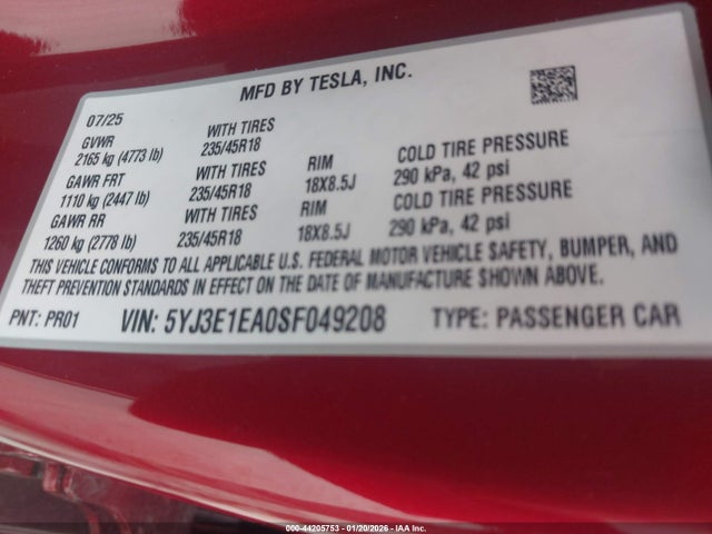 5YJ3E1EA0SF049208 Tesla Model 3 Long Range Rear-wheel Drive/standard Rear-wheel Drive
