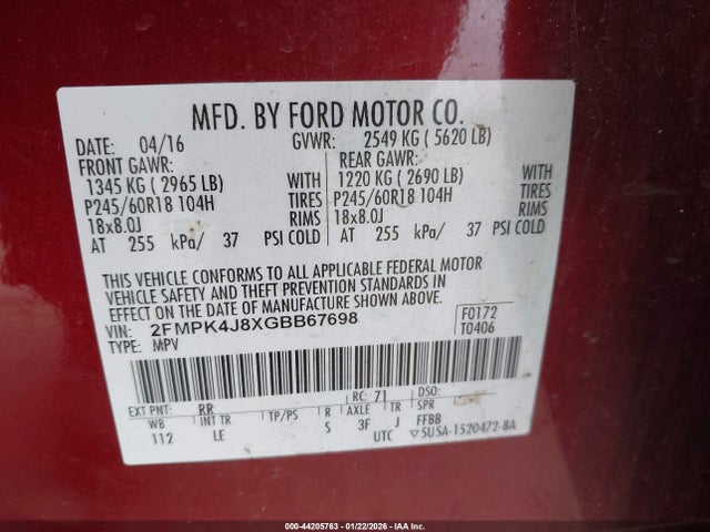 Ford EDGE SEL 2016 2FMPK4J8XGBB67698 Image 9