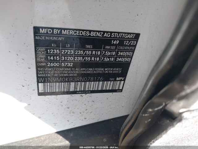 44205766 :رقم المزاد ، W1N9M0KB3RN078176 vin ، 2024 Mercedes-benz Eqb 300 Suv 4matic مزاد بيع