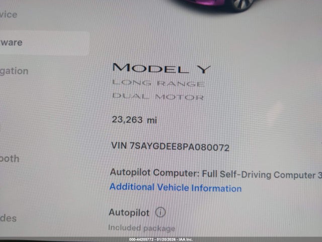 44205772 :رقم المزاد ، 7SAYGDEE8PA080072 vin ، 2023 Tesla Model Y Awd/long Range Dual Motor All-wheel Drive مزاد بيع