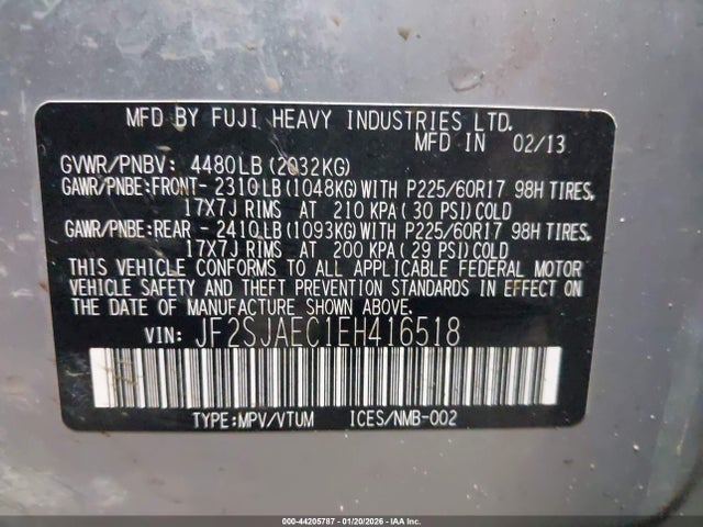 44205787 :رقم المزاد ، JF2SJAEC1EH416518 vin ، 2014 Subaru Forester 2.5i Premium مزاد بيع