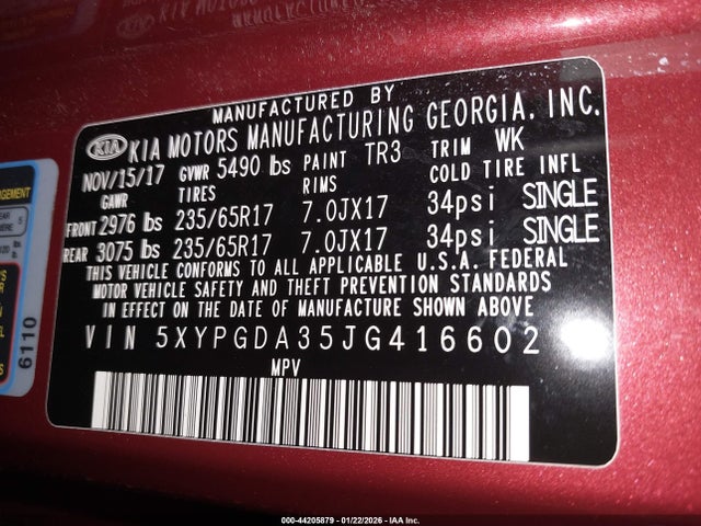 5XYPGDA35JG416602 KIA Sorento 2.4l Lx