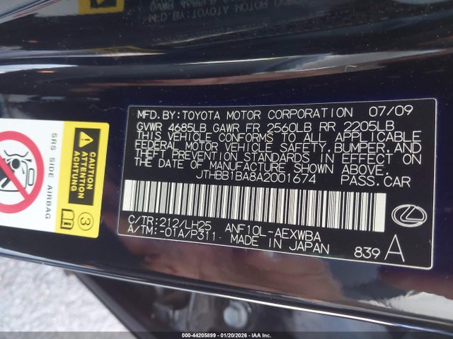 Aukcja sprzedaży 2010 Lexus Hs 250h Premium, vin: JTHBB1BA8A2001674, numer aukcji: 44205899